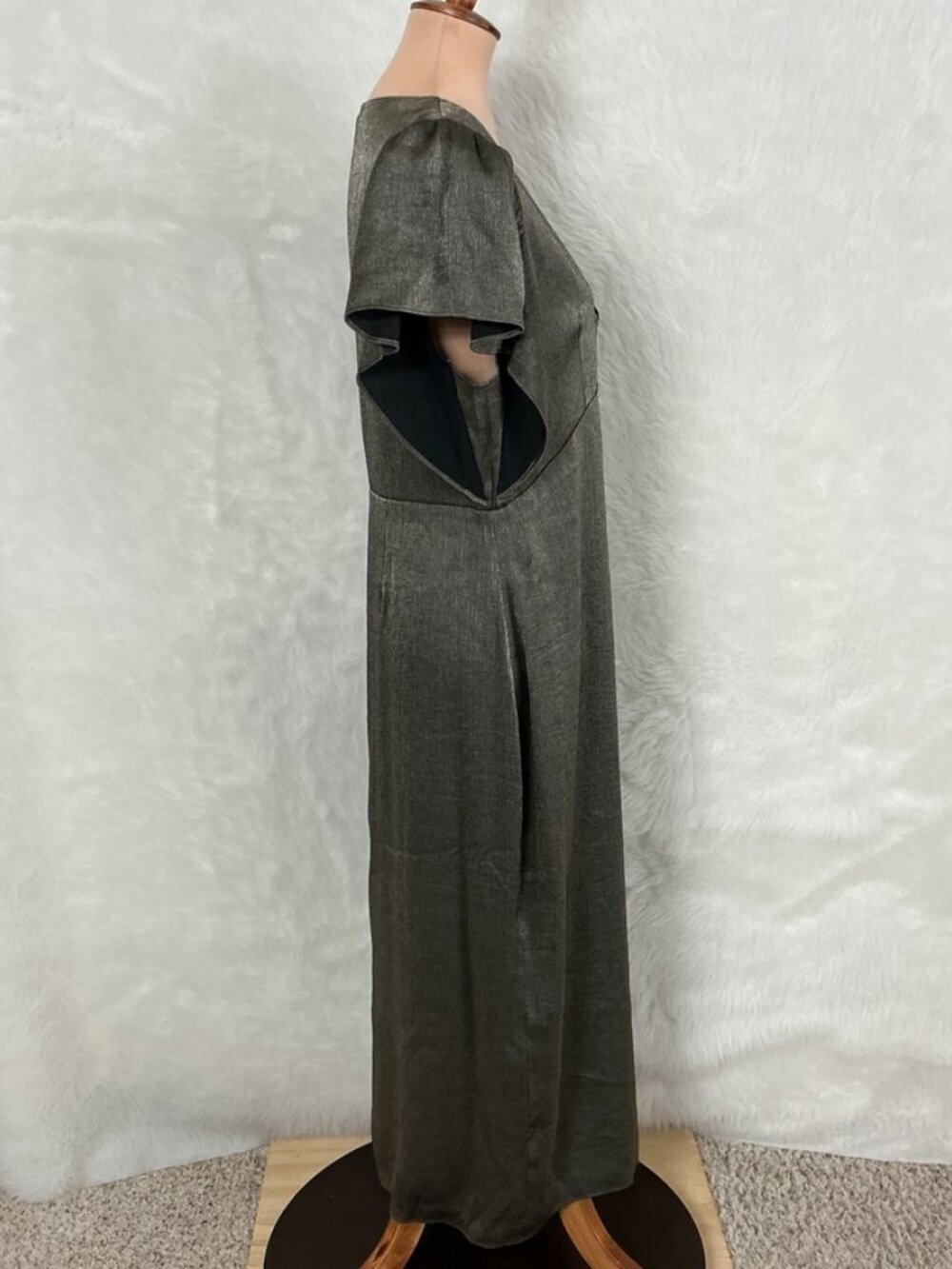Nation LTD Gray Gold Metallic Satin V-Neck Pamela Flutter Sleeve Midi Dress L - Picture 5 of 7